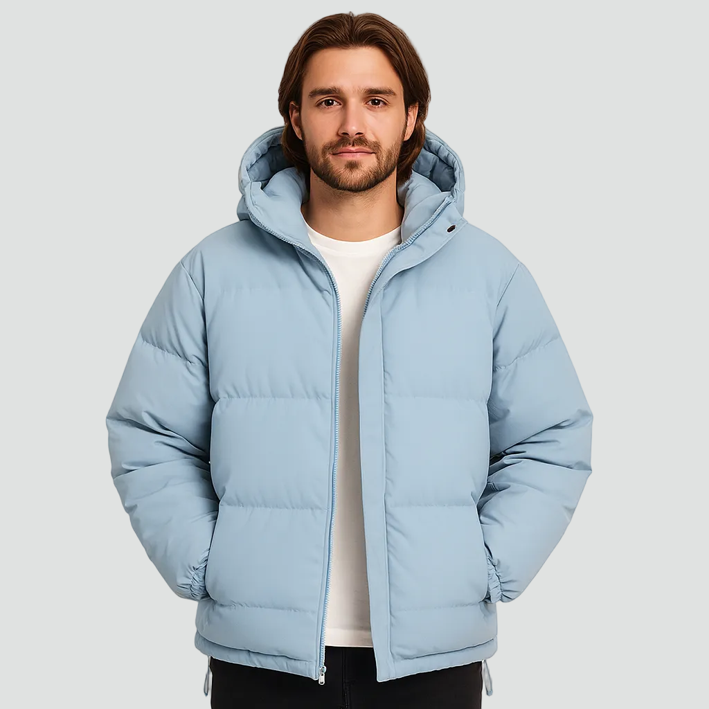 MEELANO Quiltet Dynejakke Vinterjakke Herre – Varm Puffer Jakke med Hætte & Lynlås, 9 Farver, S–4XL – Ranches Lyseblå