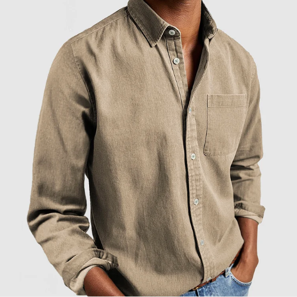 MEELANO Herre Afslappet Denimskjorte Med Knapper Button-Down-Detaljer Beige
