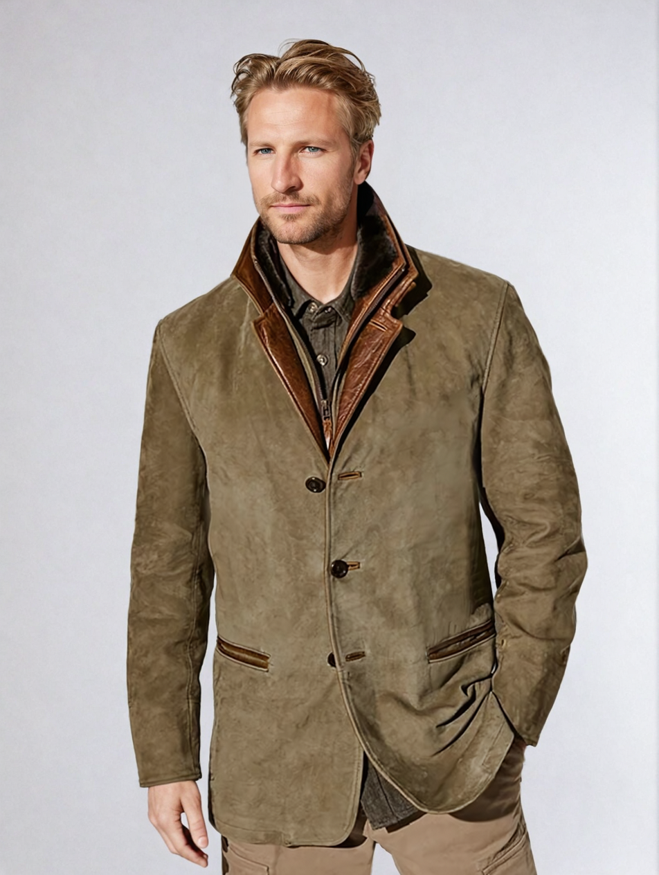 MEELANO Herre Vintage Hjorteskindslæderjakke – Klassisk Elegance & Moderne Komfort Khaki