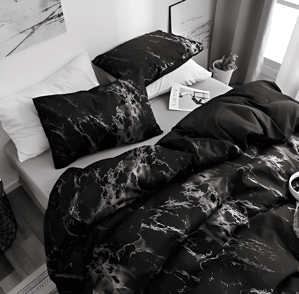 MEELANO Luksus Tre Delt Beddesæt Med Marmormønster Sort Hvid