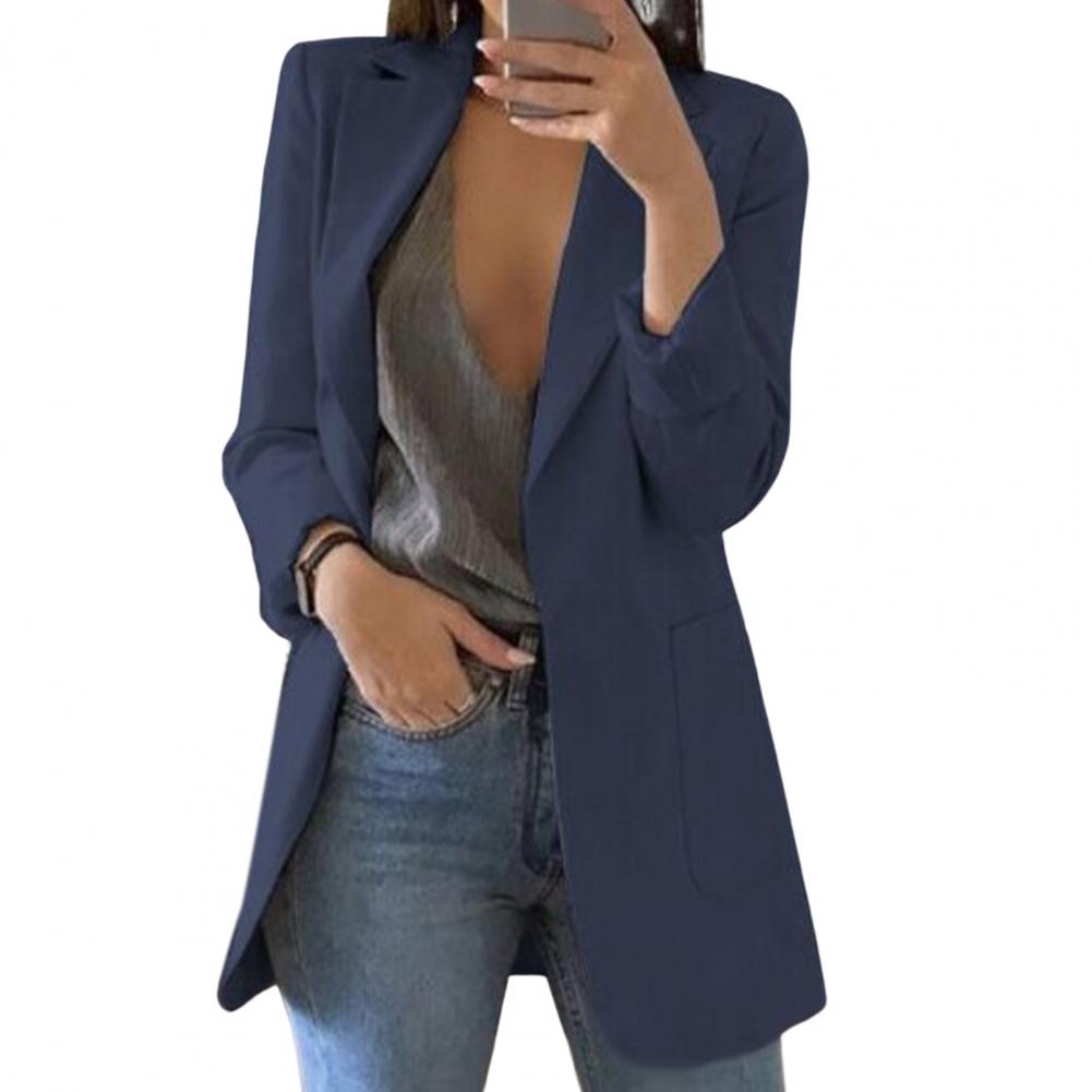 MEELANO Mechi | Lang arbejdsblazer med sidelommer til dame | Reverskrave Marineblå