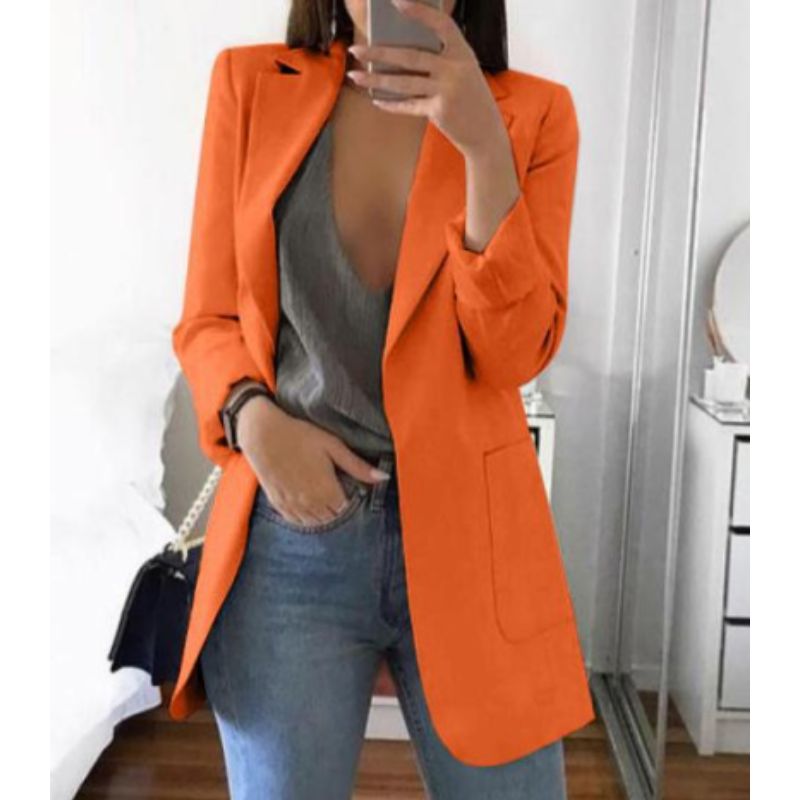 MEELANO Mechi | Lang arbejdsblazer med sidelommer til dame | Reverskrave orange