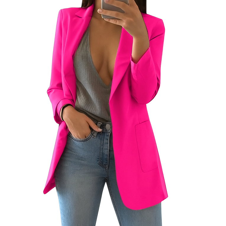 MEELANO Mechi | Lang arbejdsblazer med sidelommer til dame | Reverskrave Kæk pink