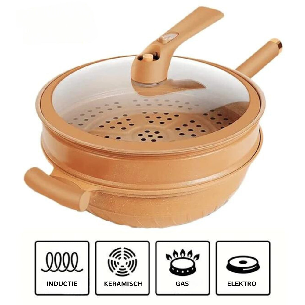 MEELANO Wok med Slip-let Belægning og Dampindsats – Multifunktionel Wokpande 30 cm til Wokning, Dampning & Simring