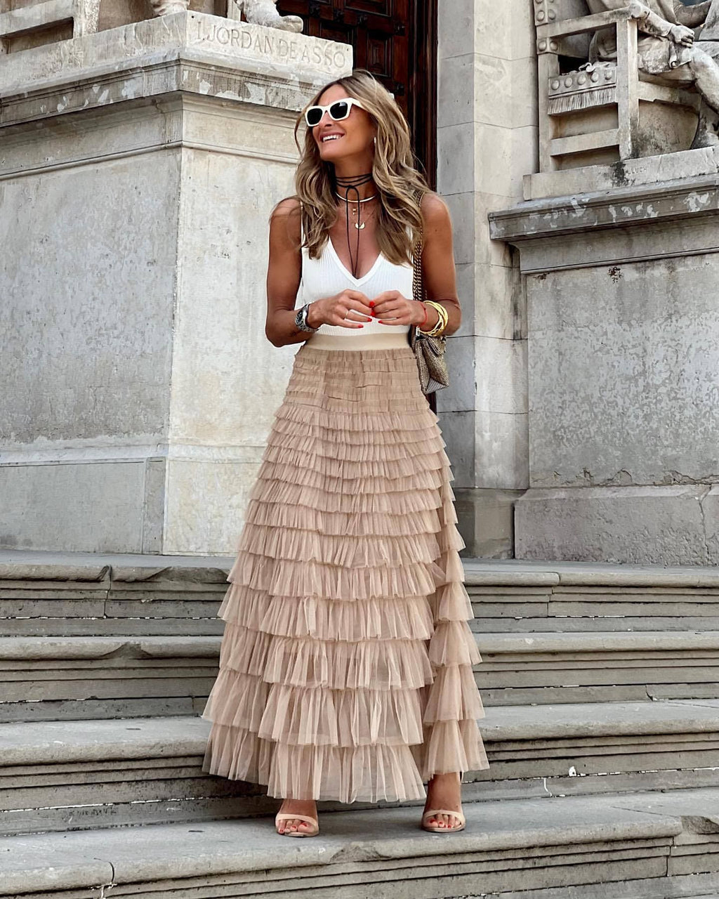 MEELANO Sephira | Dame Stufiger Tyl Maxi Nederdel – Elegant Etage-look & Luftig Stil beige