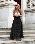 MEELANO Sephira | Dame Stufiger Tyl Maxi Nederdel – Elegant Etage-look & Luftig Stil sort