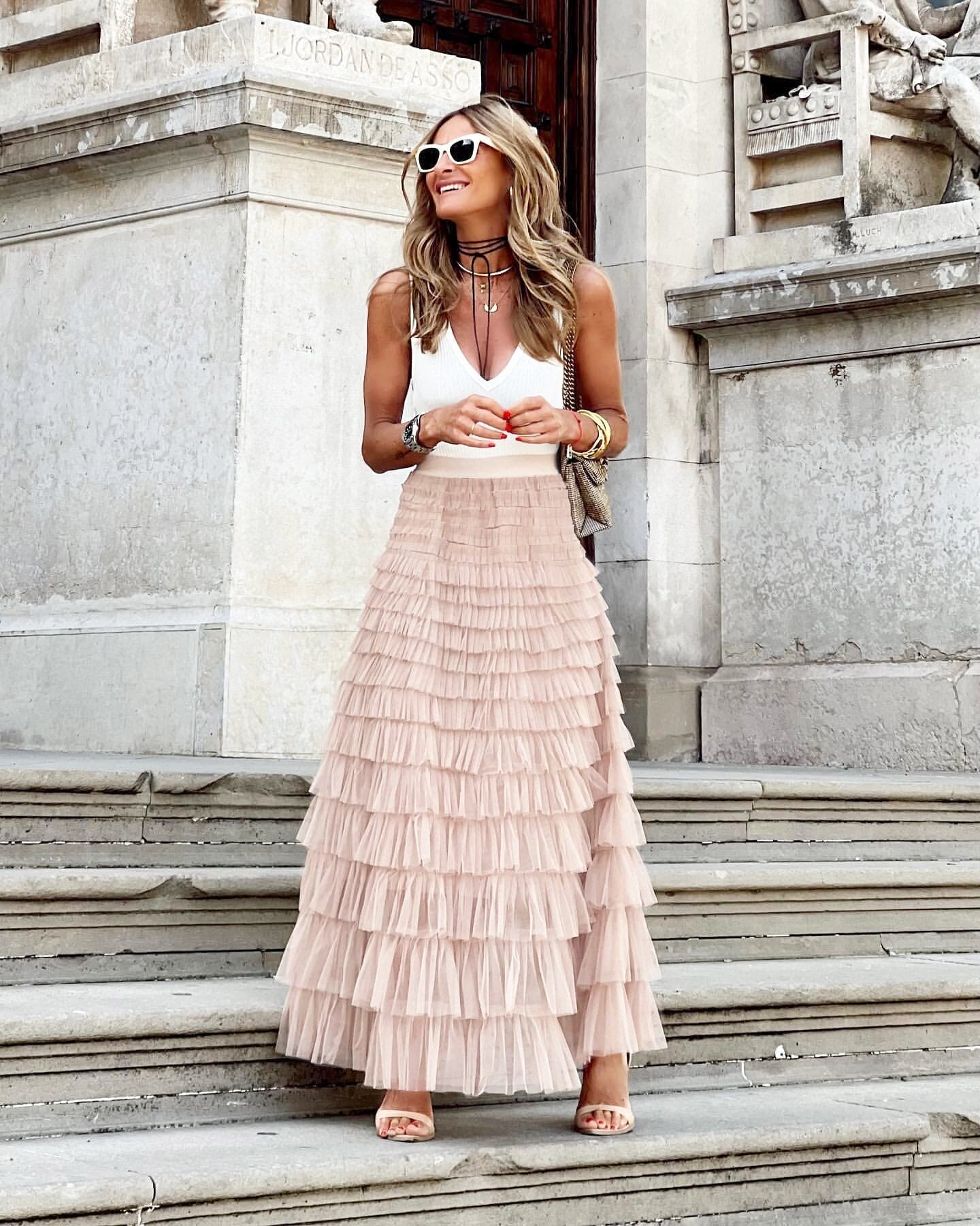 MEELANO Sephira | Dame Stufiger Tyl Maxi Nederdel – Elegant Etage-look & Luftig Stil lyserød
