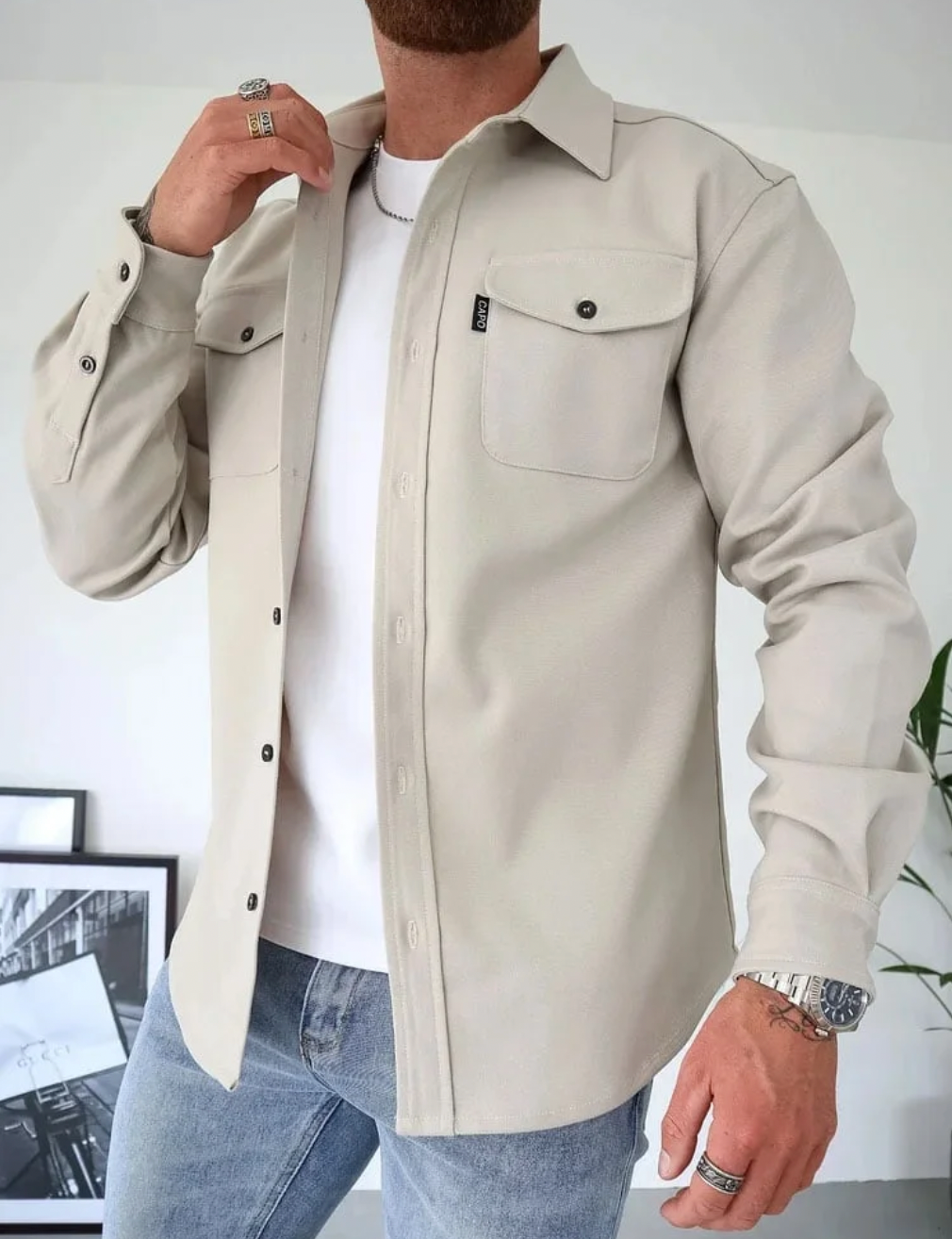 MEELANO Jannik | Herre Casual Skjorte med Knapper - Klassisk Bomuldsskjorte & Fritidsskjorte Lys Beige