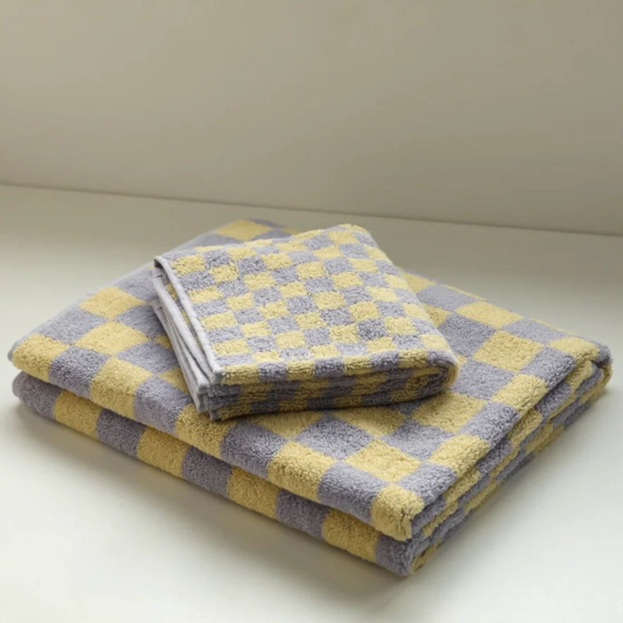 MEELANO Katoenen Badhandklæde med Dambordmønster – Blødt og Absorberende 2 stykker (håndklæde + badelagen) Gul & lilla