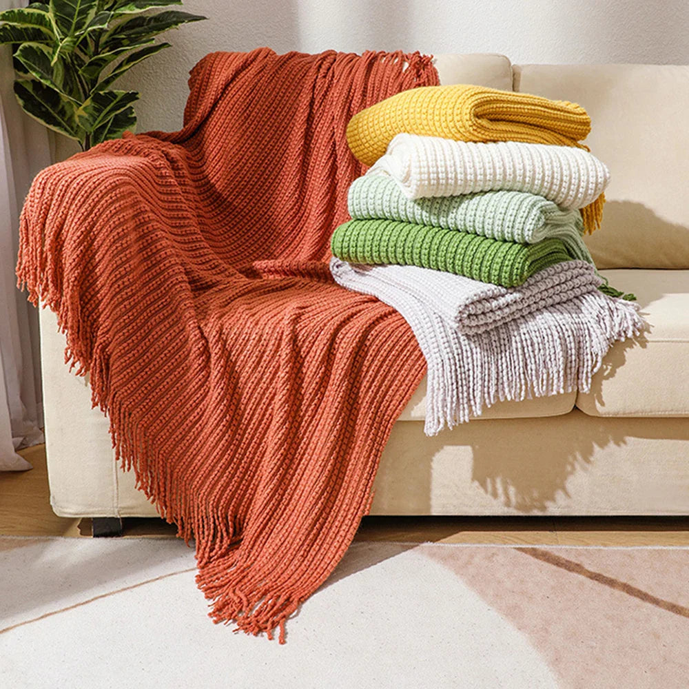 MEELANO Klassisk Boheme Strikket Tæppe – Ensfarvet Akryl Tæppe med Frynser i Boho Design