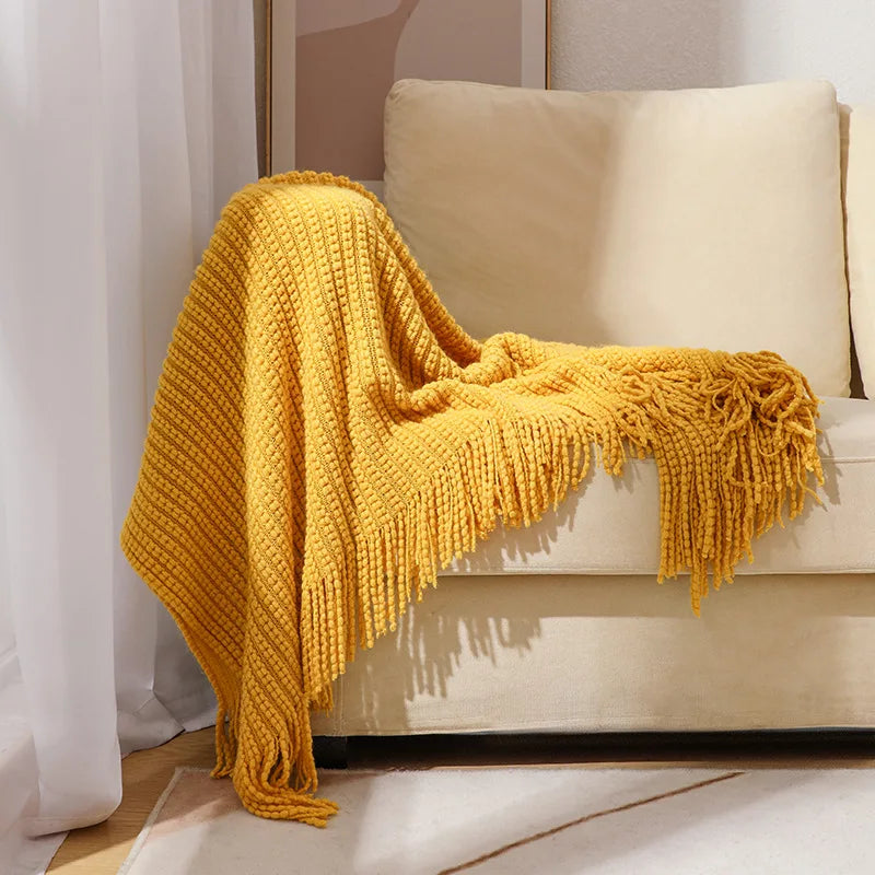 MEELANO Klassisk Boheme Strikket Tæppe – Ensfarvet Akryl Tæppe med Frynser i Boho Design Gul