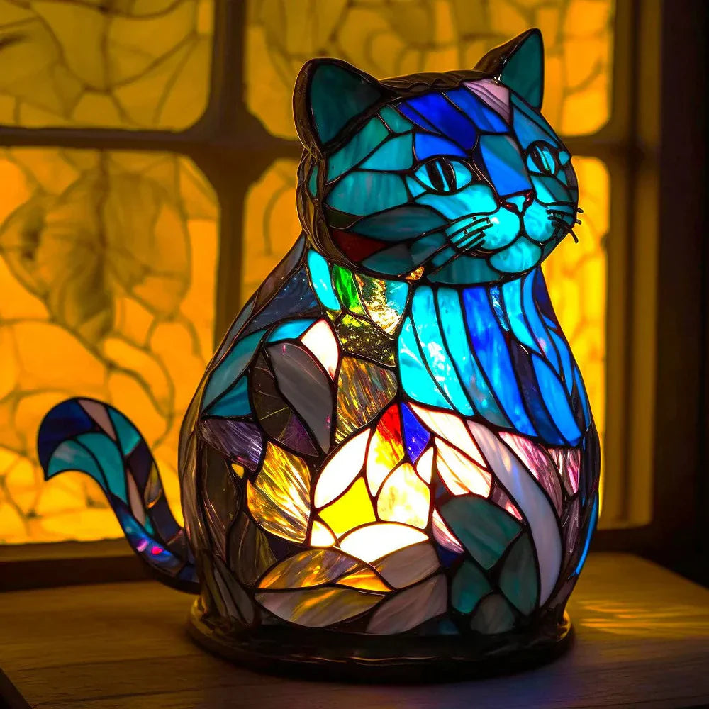 MEELANO Kunstlampe I Glasmosaik Med 20 Unikke Dyreprints Til Stuen Varm Atmosfære Og Farvespil Kat