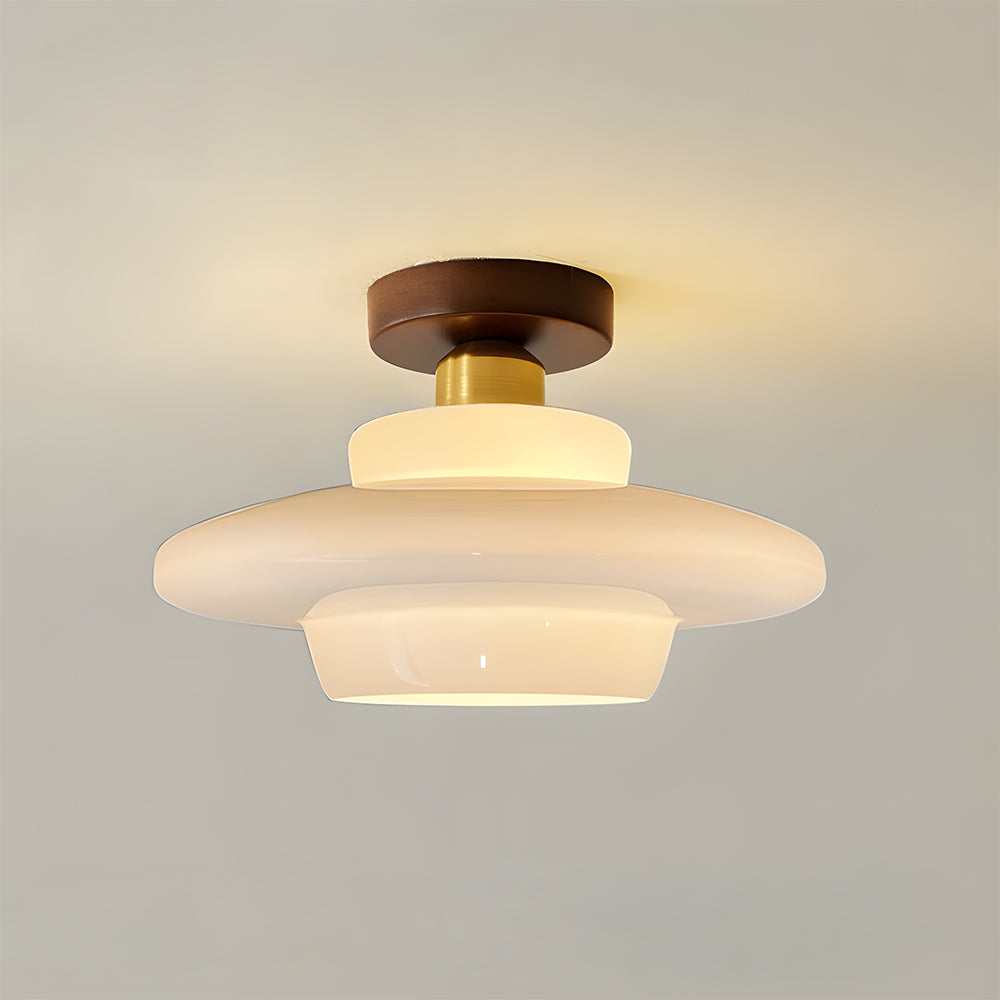 MEELANO Loftlampe i Træ og Glas – Skandinavisk Loftslampe med E27 og LED-pære, til Entré, Køkken & Spisestue, 3 Størrelser Cremehvid & Kobber C - ⌀ 32 cm × H 20 cm - 16W