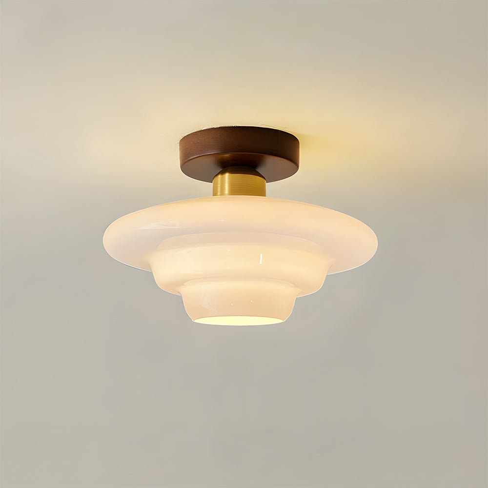 MEELANO Loftlampe i Træ og Glas – Skandinavisk Loftslampe med E27 og LED-pære, til Entré, Køkken & Spisestue, 3 Størrelser Cremehvid & Kobber A - ⌀ 30 cm × H 19 cm - 16W