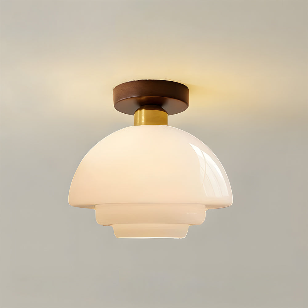 MEELANO Loftlampe i Træ og Glas – Skandinavisk Loftslampe med E27 og LED-pære, til Entré, Køkken & Spisestue, 3 Størrelser Cremehvid & Kobber B - ⌀ 28 cm × H 25 cm - 16W