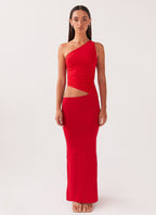 MEELANO Aura | Dame Lang Kjole – One-Shoulder Design & Cut-Out Detalje Rød