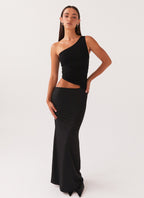 MEELANO Aura | Dame Lang Kjole – One-Shoulder Design & Cut-Out Detalje Sort