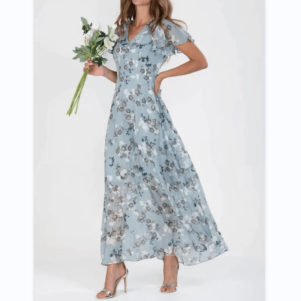MEELANO Nara | Lang maxikjole til kvinder – Romantisk blomsterprint, Dyb V-udskæring & Sommerlig elegance