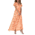 MEELANO Nara | Lang maxikjole til kvinder – Romantisk blomsterprint, Dyb V-udskæring & Sommerlig elegance orange