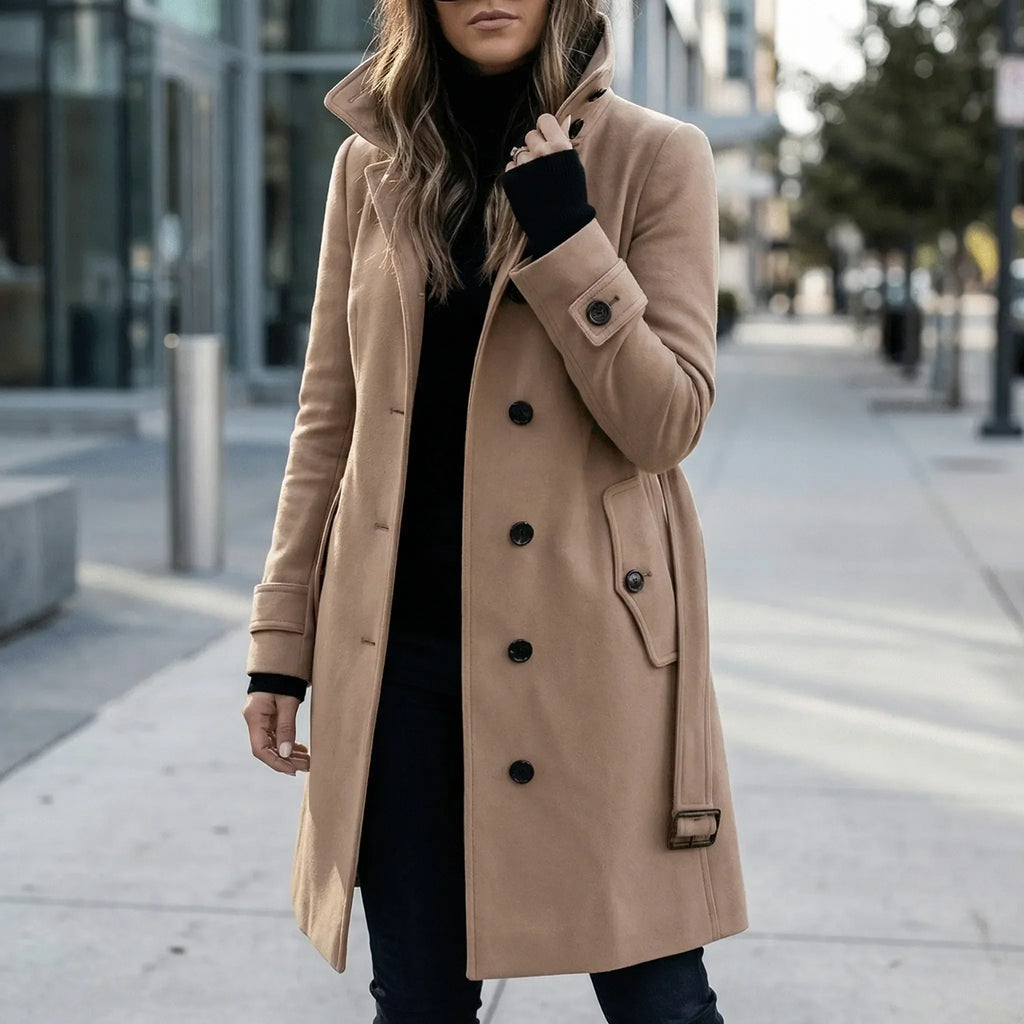 MEELANO Lang Taljeret Trenchcoat til Damer – Quiltet Foret Frakke med Bælte & Dobbeltradet Look, S-3XL – Zahara