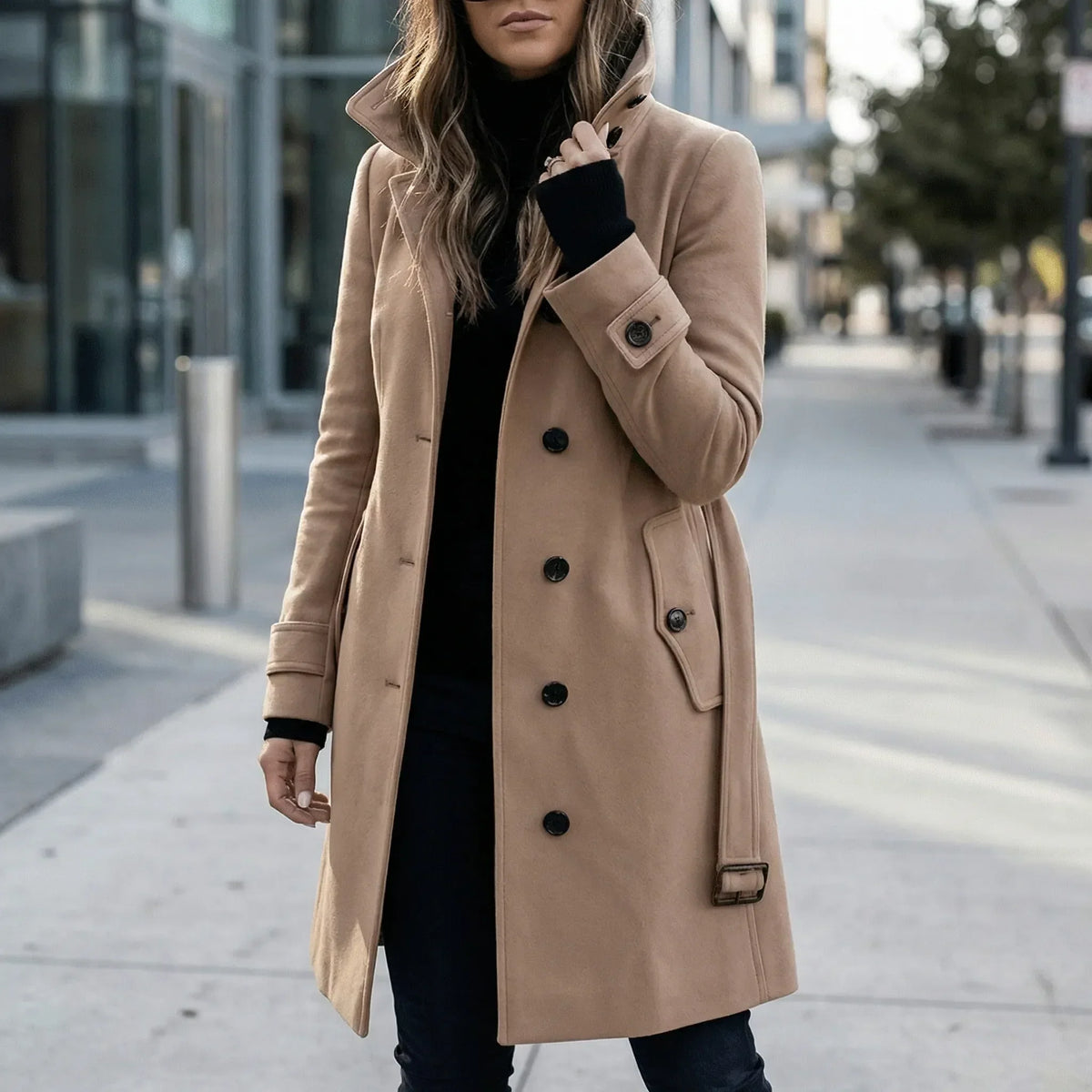 MEELANO Lang Taljeret Trenchcoat til Damer – Quiltet Foret Frakke med Bælte & Dobbeltradet Look, S-3XL – Zahara