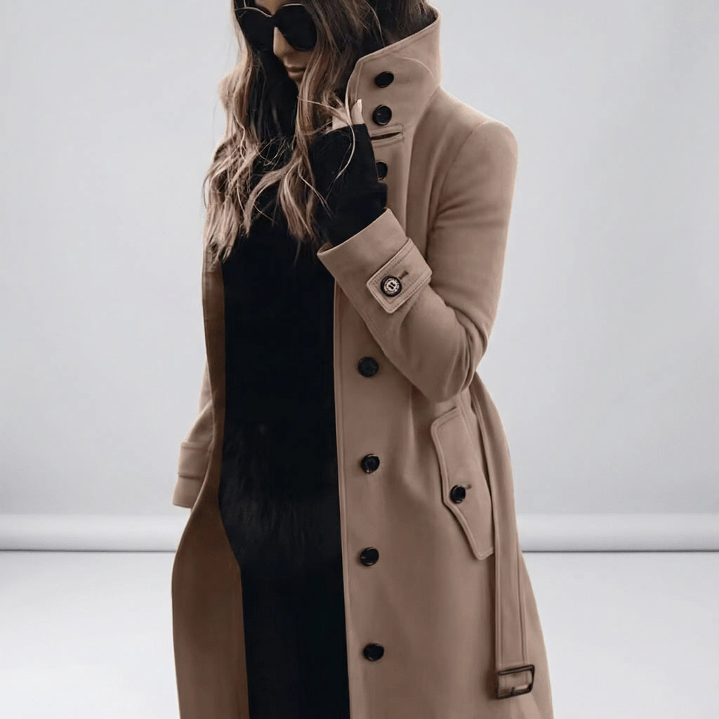 MEELANO Lang Taljeret Trenchcoat til Damer – Quiltet Foret Frakke med Bælte & Dobbeltradet Look, S-3XL – Zahara