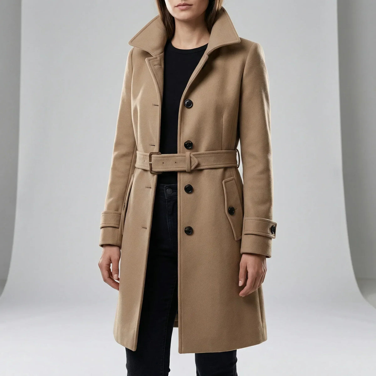 MEELANO Lang Taljeret Trenchcoat til Damer – Quiltet Foret Frakke med Bælte & Dobbeltradet Look, S-3XL – Zahara Khaki