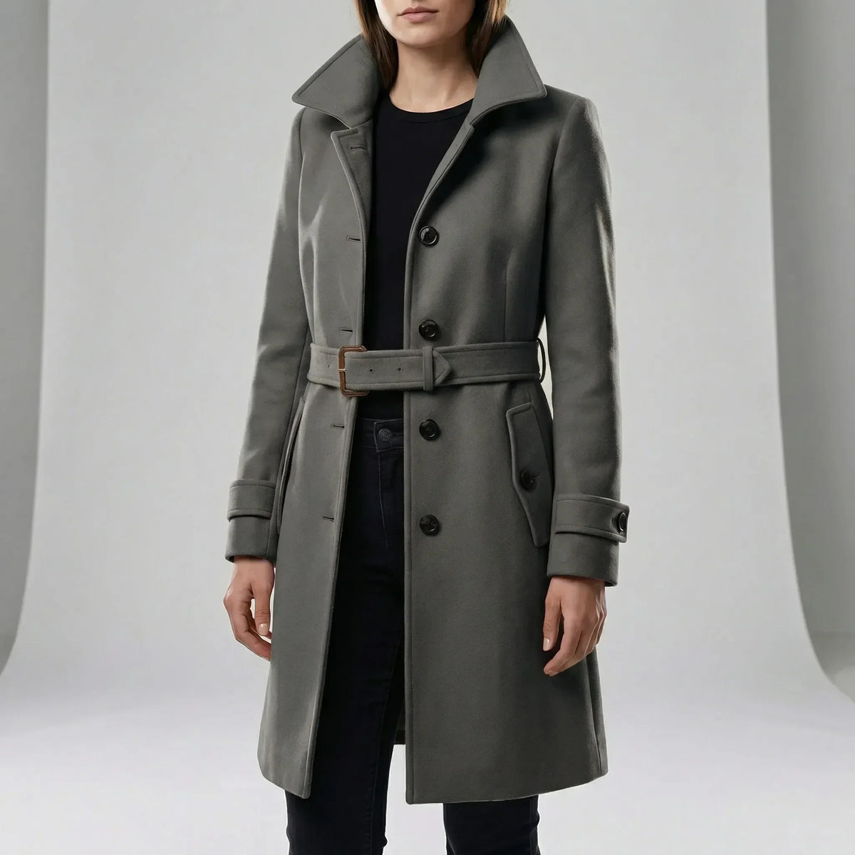 MEELANO Lang Taljeret Trenchcoat til Damer – Quiltet Foret Frakke med Bælte & Dobbeltradet Look, S-3XL – Zahara Mørkegrøn