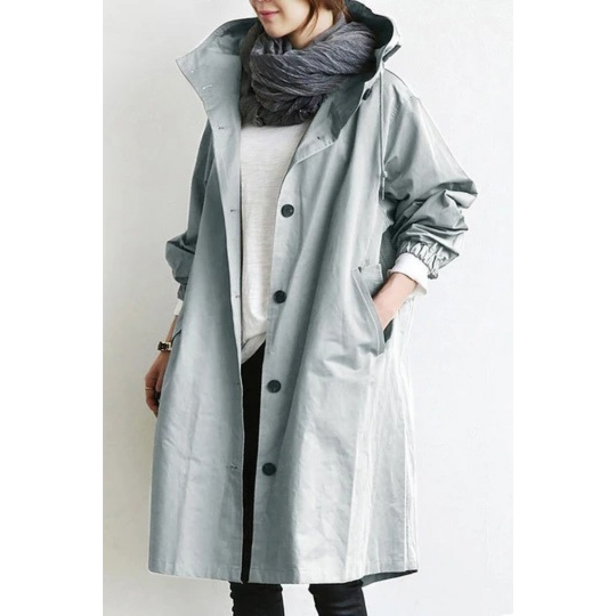 MEELANO Lang Trenchcoat til Damer med Hætte – Vind- og Vandafvisende Damejakke, Justerbar Talje, S-5XL, 9 Farver – Amore Lysegrå