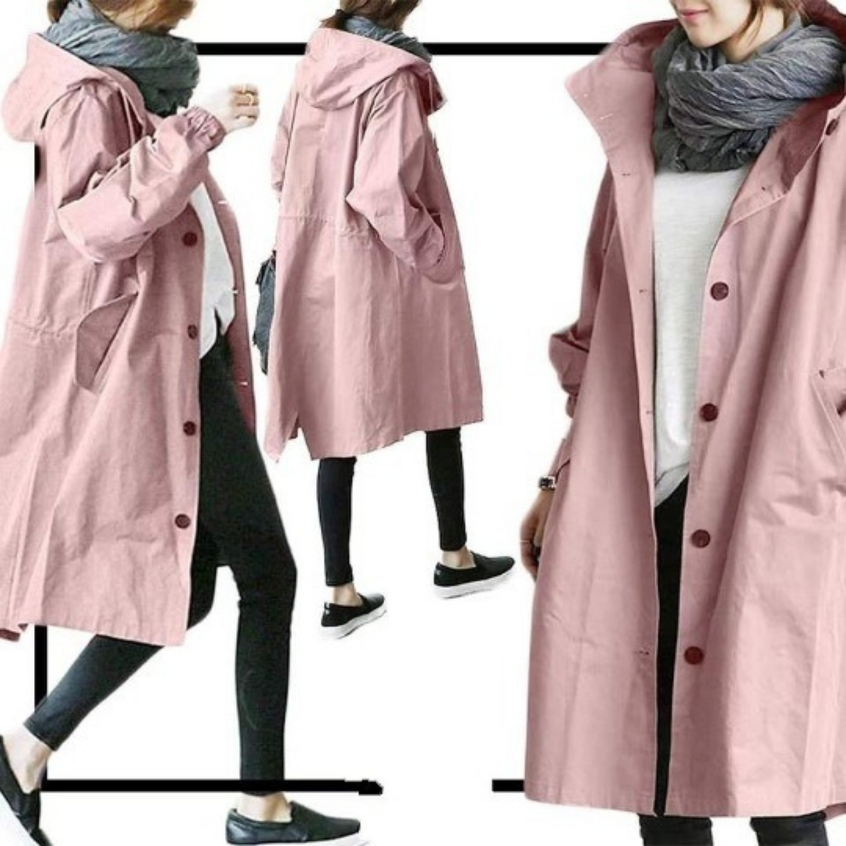 MEELANO Lang Trenchcoat til Damer med Hætte – Vind- og Vandafvisende Damejakke, Justerbar Talje, S-5XL, 9 Farver – Amore Lyserød