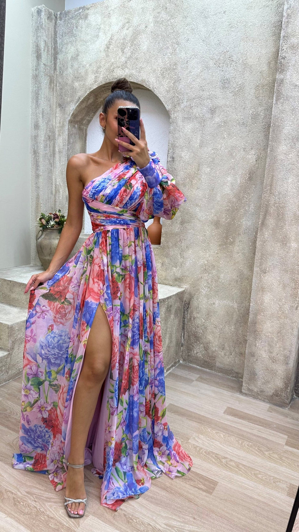 MEELANO One-shoulder Kjole til Kvinder – Blomstermønster & Festlig Elegance Lilla