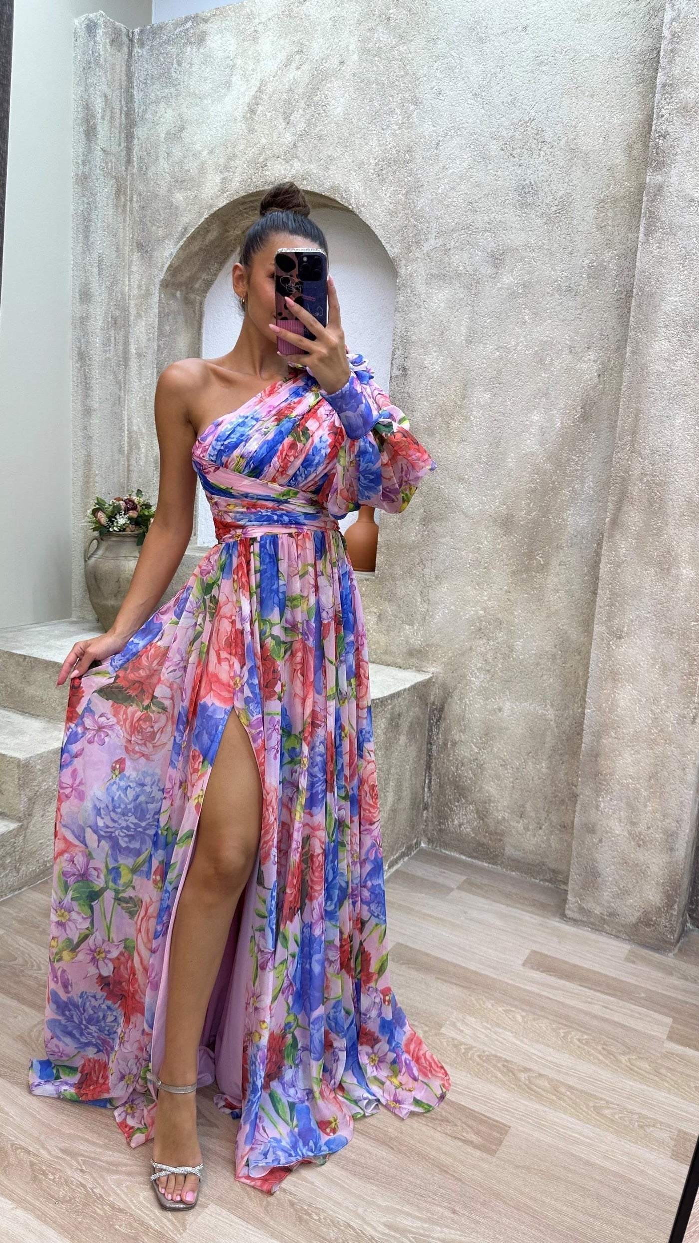 MEELANO One-shoulder Kjole til Kvinder – Blomstermønster & Festlig Elegance Lilla