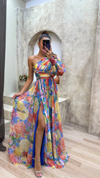 MEELANO One-shoulder Kjole til Kvinder – Blomstermønster & Festlig Elegance Farverig