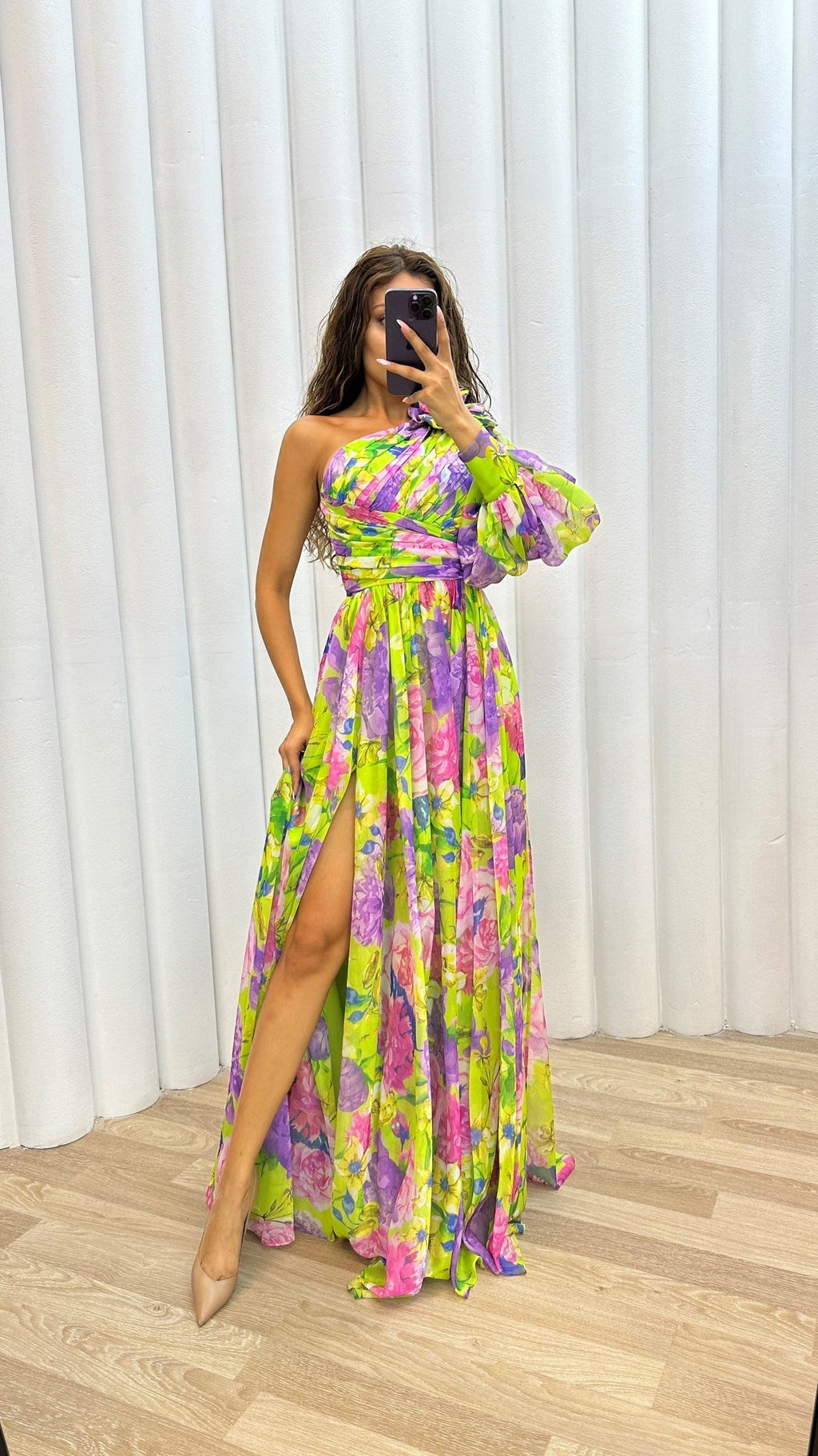 MEELANO One-shoulder Kjole til Kvinder – Blomstermønster & Festlig Elegance Gul