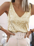 MEELANO Dame V-hals Glimmertop Med Pailletter Og Glitrende Detaljer Guld