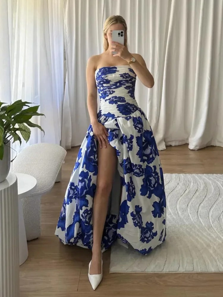 MEELANO Dame Draperet Blomster-maxikjole – Stropløs & Flagrende Silhuet