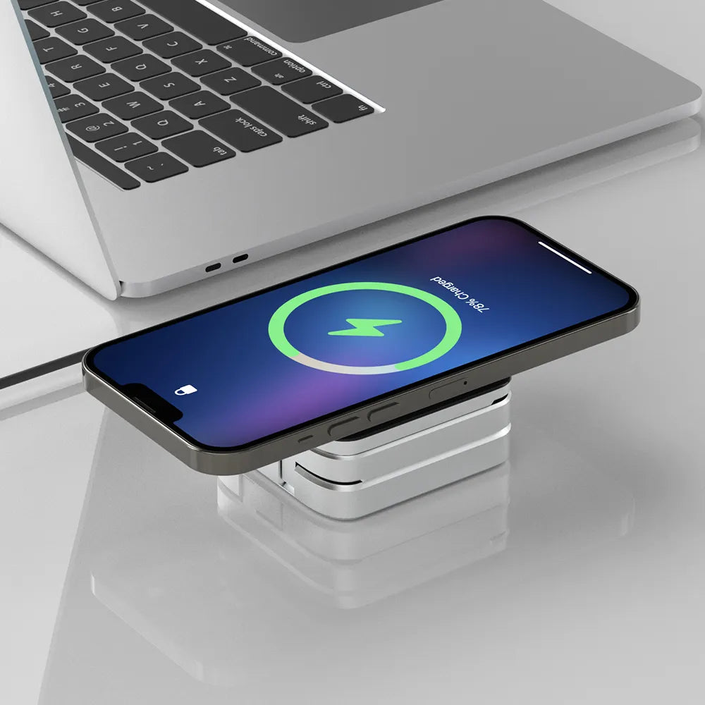 MEELANO 3-i-1 Ladestation – Magnetisk og Foldbar Trådløs Oplader til Telefon, Ur & Høretelefoner, Kompakt til Rejsen