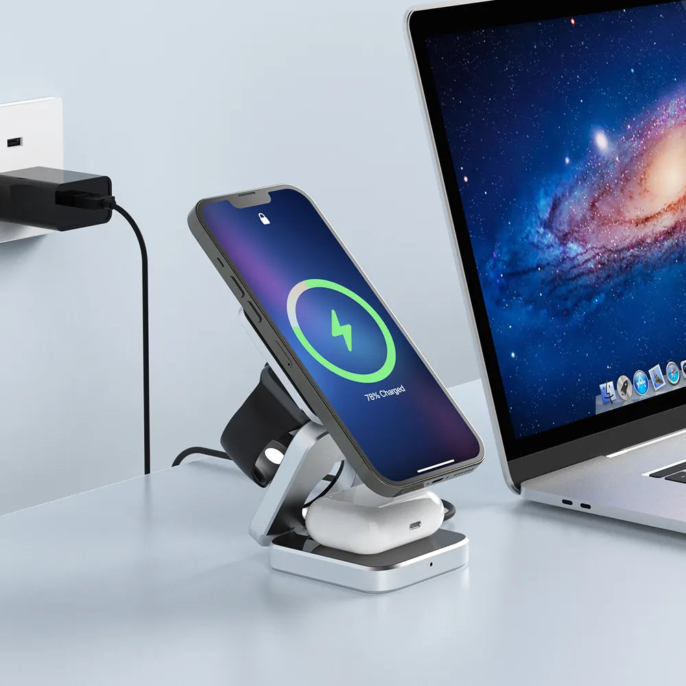 MEELANO 3-i-1 Ladestation – Magnetisk og Foldbar Trådløs Oplader til Telefon, Ur & Høretelefoner, Kompakt til Rejsen