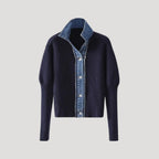 MEELANO Cardigan Marineblå Kontrastfarvet Denim Med Denimkrave Knaplukning Marineblå