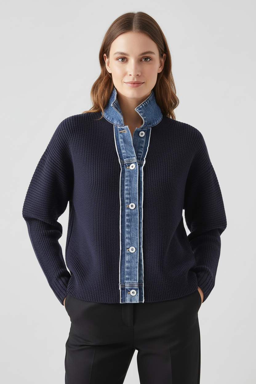 MEELANO Cardigan Marineblå Kontrastfarvet Denim Med Denimkrave Knaplukning