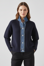 MEELANO Cardigan Marineblå Kontrastfarvet Denim Med Denimkrave Knaplukning