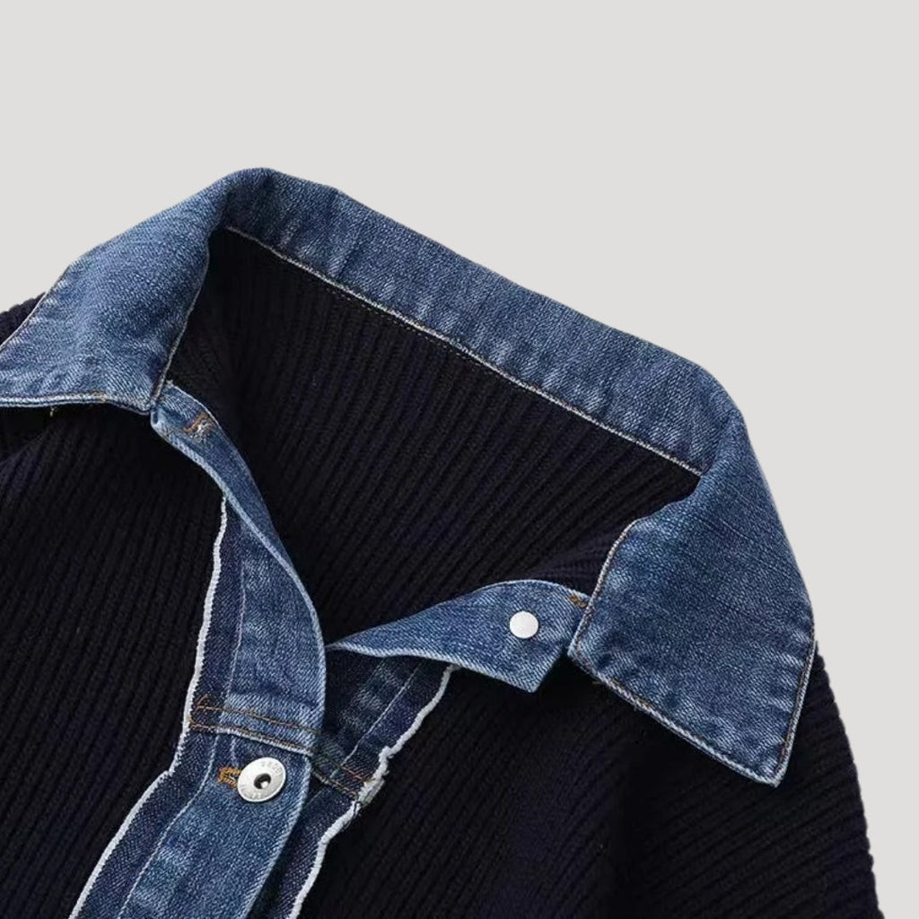 MEELANO Cardigan Marineblå Kontrastfarvet Denim Med Denimkrave Knaplukning