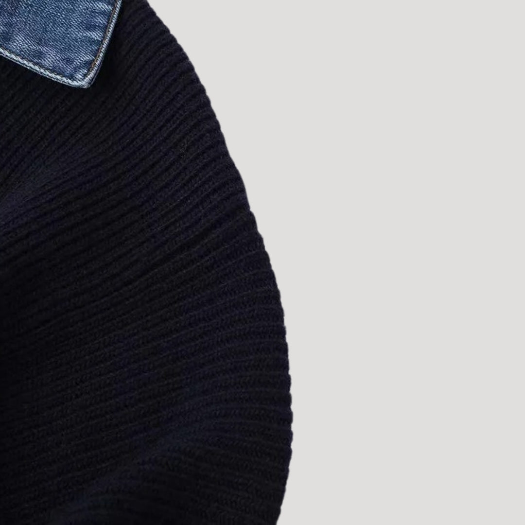 MEELANO Cardigan Marineblå Kontrastfarvet Denim Med Denimkrave Knaplukning