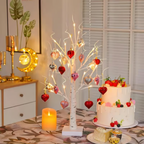 MEELANO LED Birketræ med 18 Hjerteornamenter – 60 cm Lystræ i Varm Hvid, Batteri eller USB, Gave til Valentinsdag & Bryllupsdag