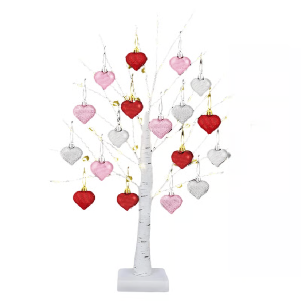 MEELANO LED Birketræ med 18 Hjerteornamenter – 60 cm Lystræ i Varm Hvid, Batteri eller USB, Gave til Valentinsdag & Bryllupsdag