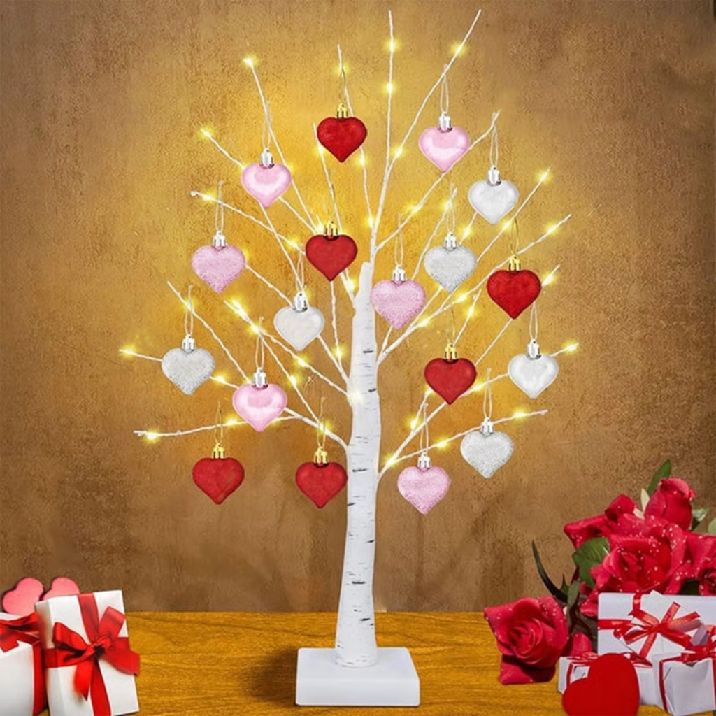 MEELANO LED Birketræ med 18 Hjerteornamenter – 60 cm Lystræ i Varm Hvid, Batteri eller USB, Gave til Valentinsdag & Bryllupsdag