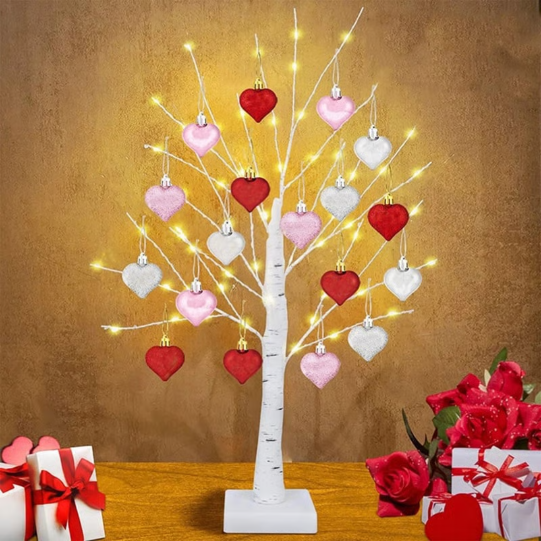 MEELANO LED Birketræ med 18 Hjerteornamenter – 60 cm Lystræ i Varm Hvid, Batteri eller USB, Gave til Valentinsdag & Bryllupsdag