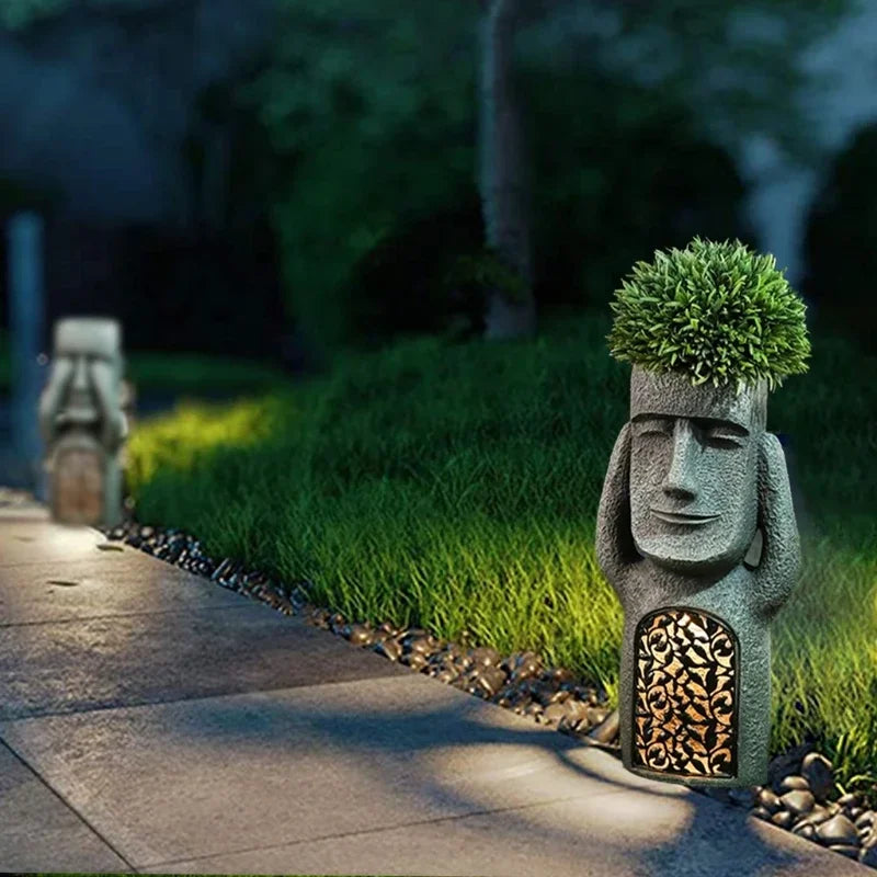 MEELANO MoaiGlow Påskeø-plantestatue med LED-lys A