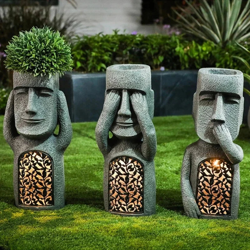 MEELANO MoaiGlow Påskeø-plantestatue med LED-lys