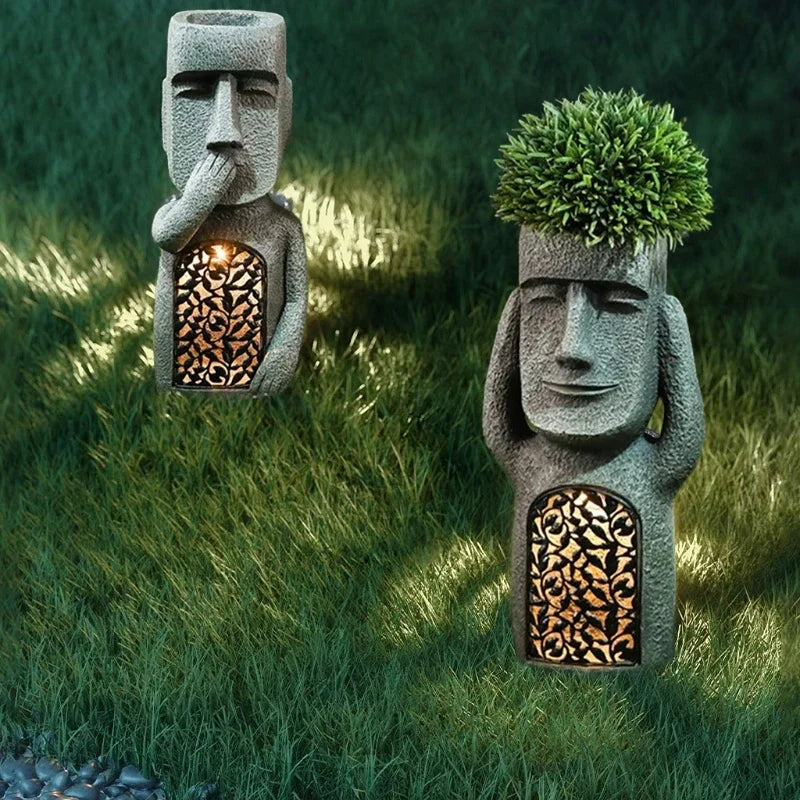 MEELANO MoaiGlow Påskeø-plantestatue med LED-lys